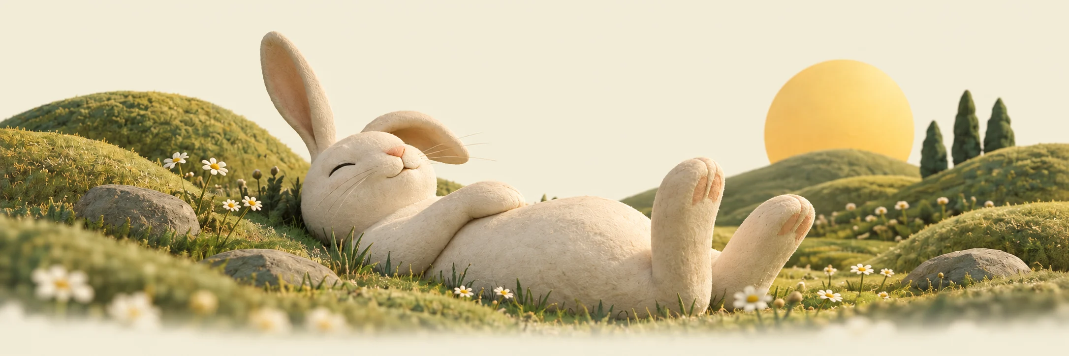 A happy cream rabbit resting among daisies in a sunlit meadow