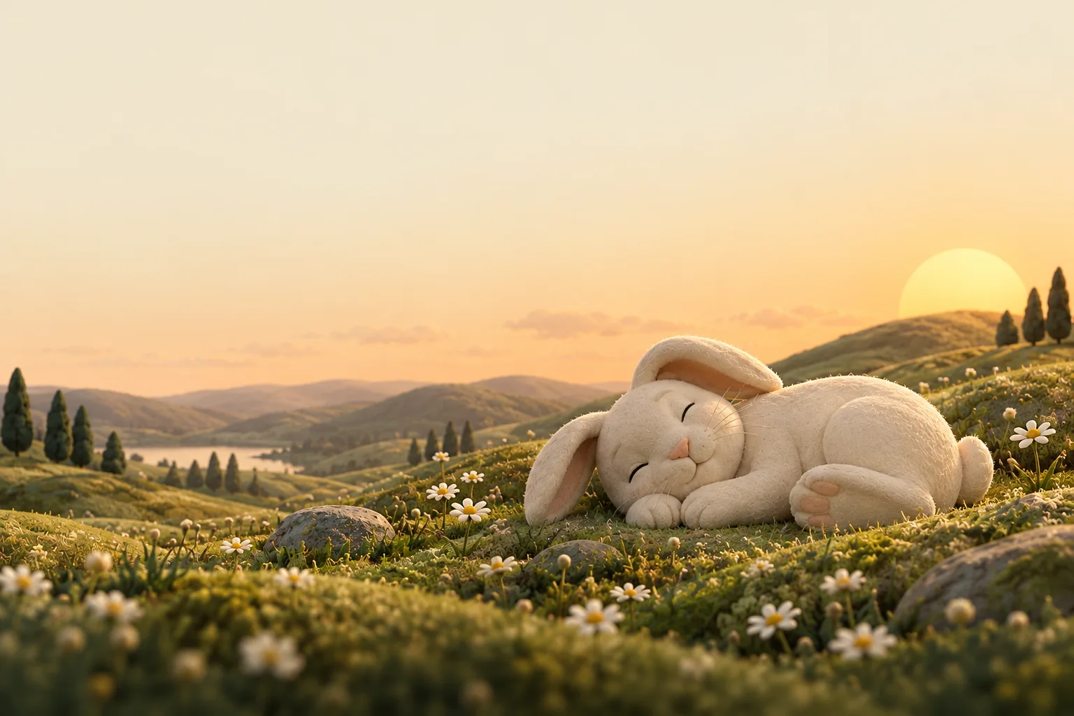 The rabbit curled up among daisies as the sun sets over the meadow